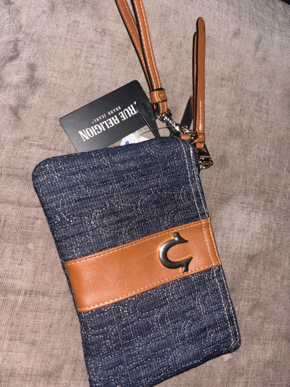 True Religion Navy Denim and Tan Leather Wristlet